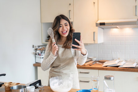 Woman Using Smartphone for Baking Lesson, Culinary Skills in Modern Kitchen