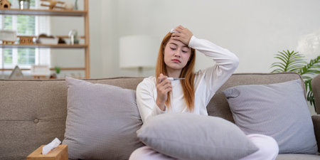 Woman Experiencing Fever Symptoms at Home. Health Monitoring and Care