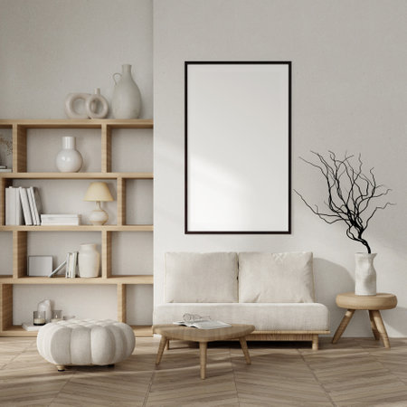 Elegant 3D Render of Modern Minimalist Interior with Blank Frame on Wall, Neutral Tones, and Stylish Furnitureの写真素材