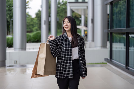 Happy Consumer Displays Black Friday Finds with Confidenceの写真素材