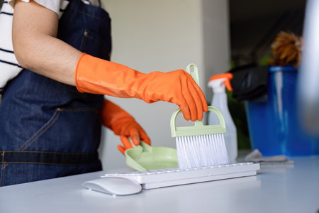 Diligent Cleaner Using Dustpan Set for Office Hygiene