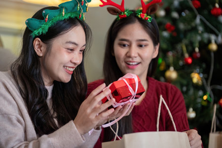 Excited Lesbian Couple Exchanging Christmas Gifts Love and Happiness Holiday Concept