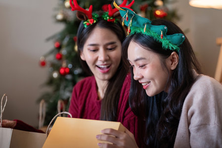 Excited Lesbian Couple Exploring Gift Surprises Under Christmas Treeの写真素材