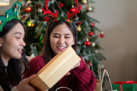 Diverse Friends Relishing Holiday Season with Gift Exchangeの写真素材