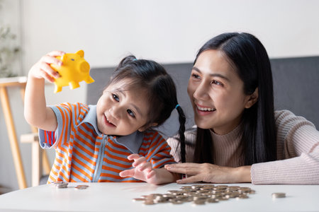 Fun saving experience for Asian daughter and mother with yellow piggy bankの写真素材
