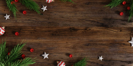 Festive Christmas Scene with Ornaments and Stars 3D Renderの写真素材