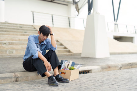 Dejected Asian man sitting with office box post-resignationの写真素材