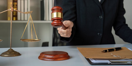 Lawyer action during court hearing in office legal environment professional perspective for justice advocacyの写真素材