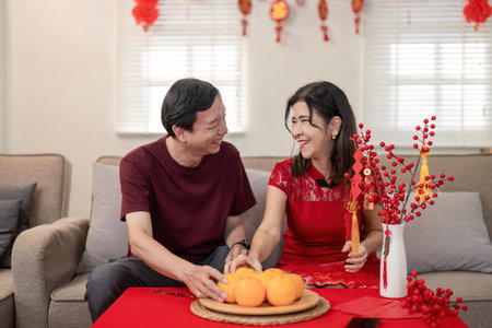 Elderly couple celebrating chinese new year at home joyful gathering warm atmosphere intimate view cultural traditionの写真素材