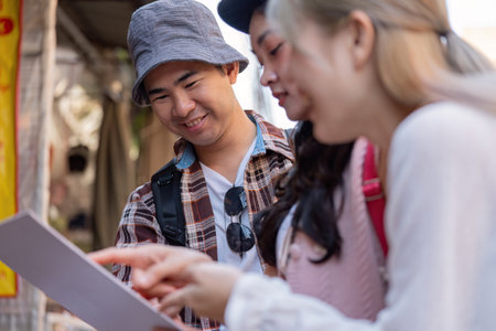 New destinations with friends travel adventure in a vibrant market engaging atmosphere joyful momentsの写真素材