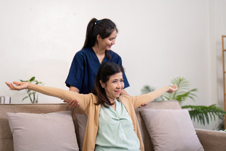 Therapeutic stretching session home setting health and wellness relaxing atmosphere engaged...