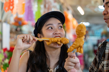 Friends engaging in playful banter over street food, sharing crispy snacks while traveling in a vibrant marketの写真素材
