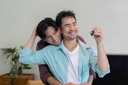 Happy couple holding house keys, celebrating their new beginning together with loveの写真素材