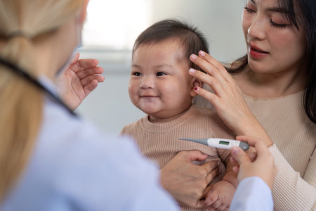 Smiling baby during a health checkup with doctor and parentの写真素材