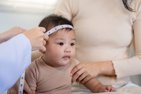 Measuring baby head circumference during a pediatric checkupの写真素材