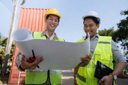 Engineers smiling while reviewing logistics plans and container management blueprintsの写真素材