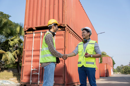 Engineers shaking hands in logistics and container management for import and exportの写真素材