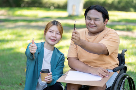 Disabled artist proudly displaying art tools with supportive instructor during outdoor class in the...