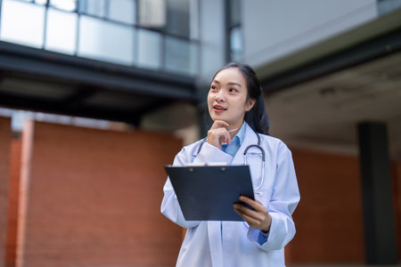 Thoughtful doctor in a white coat pondering while reviewing notes on a clipboard.の写真素材