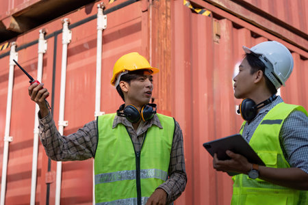 Logistics engineer discussing project details with a colleague in safety gear.の写真素材