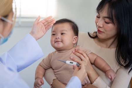Smiling baby having temperature checked by pediatrician in clinic.の写真素材
