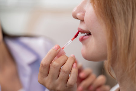Beauty broker applying lip gloss on a friend lips during a live broadcast, focusing on makeup techniques and friendship.の写真素材