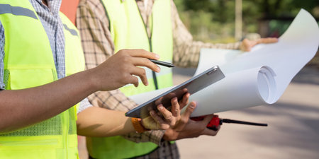 Logistics engineer planning operations construction site collaboration outdoor close-up strategic developmentの写真素材