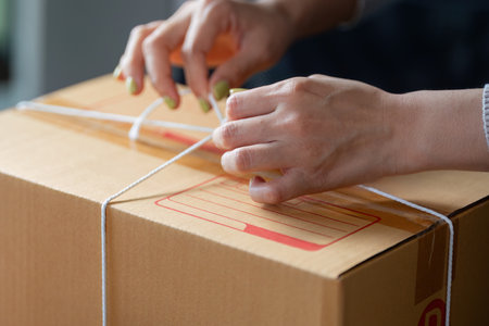 Woman tying package for online order fulfillment at her home office.の写真素材
