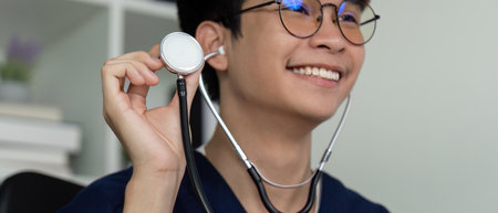 Medical student smiling while holding a stethoscope, showcasing enthusiasm for healthcare.の写真素材