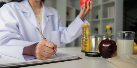 Nutritionist analyzing food options with apple and notebookの写真素材