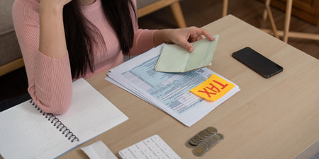 Woman reviewing tax documents and preparing for financial planningの写真素材