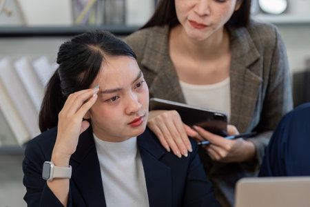 Concerned businesswoman in a meeting, discussing challenges with a colleague while reviewing data.