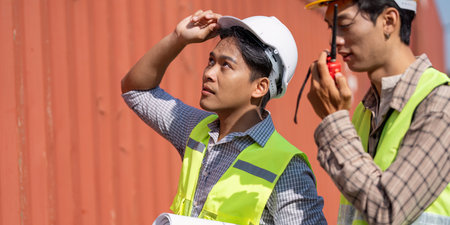 Logistics Planning. Young engineers assessing project details in a work environment.