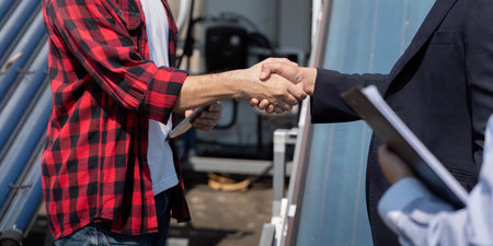 Sustainable Energy and Partnership. Two professionals shaking hands during a solar panel installation meeting, showcasing collaboration in renewable energy.の写真素材
