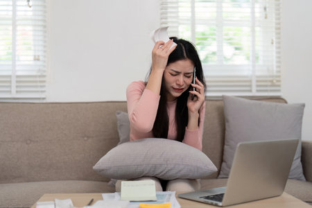 Stress and Financial Issues. A woman expresses frustration on the phone while dealing with financial...