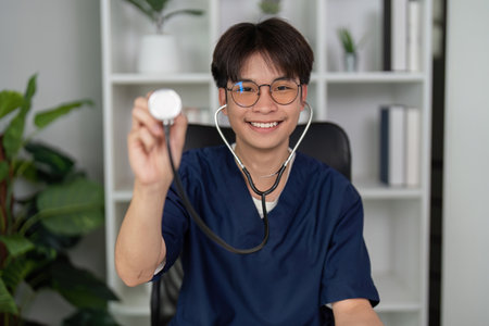 Healthcare Tools and Professionalism. A smiling medical student showcases a stethoscope, representing readiness for a healthcare career.の写真素材