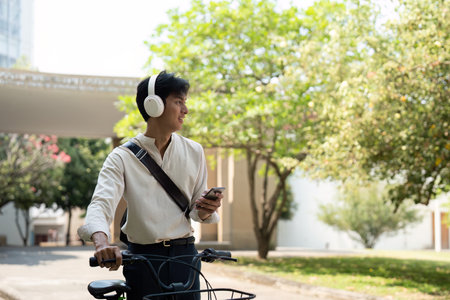 Sustainable Commuting and Music Enjoyment. A young man listens to music while cycling in a green urban area.の写真素材
