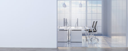 Minimalist office interior with clean lines and ample sunlight, 3D render illustration.