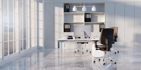 Sophisticated office space with stylish shelving and modern furnishings, 3D render illustration.