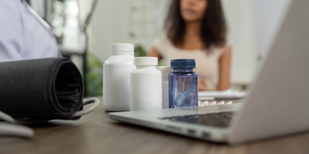 Patient Care and Wellness. A patient shares her medication bottles during a telehealth consultation...