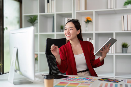 Joy in Design and Collaboration. A graphic designer celebrating a breakthrough with her tablet in hand.の写真素材