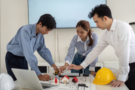 Collective Teamwork in Home Design. Professionals collaborating on architectural concepts and hands-on application.の写真素材