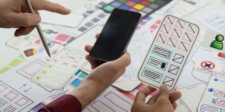 UX Design and Collaboration. Team members reviewing mobile app wireframes on a creative workspace.