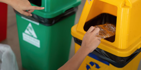 Environmental Responsibility and Family Engagement. A child correctly disposes of plastic in a recycling bin.の写真素材