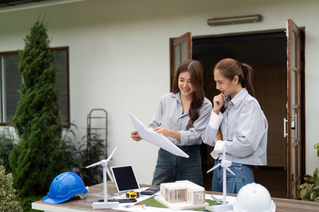 Sustainable Architecture Discussion. Female architects examining eco-friendly building plans and...
