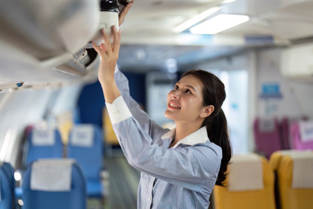 Business travel: Asian woman happily organizing luggage in planeの写真素材