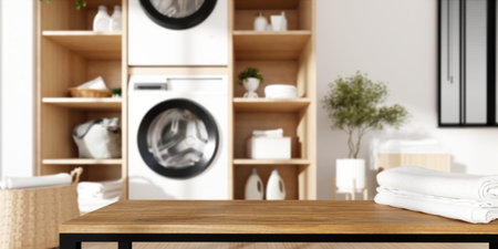 Stylish laundry room decor featuring efficient home appliances. 3D render illustrationの写真素材