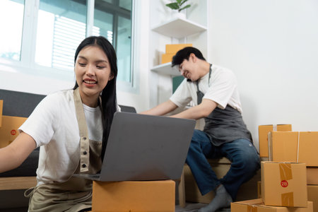 Couple managing their small business together, enjoying teamwork and collaboration.