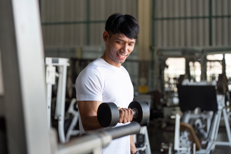 Weightlifting. Happy man lifting dumbbell in gym.の写真素材