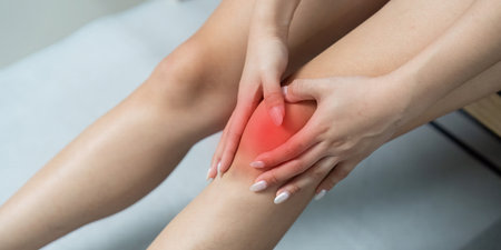 Knee Pain Management. Woman holding her knee in discomfort.の写真素材